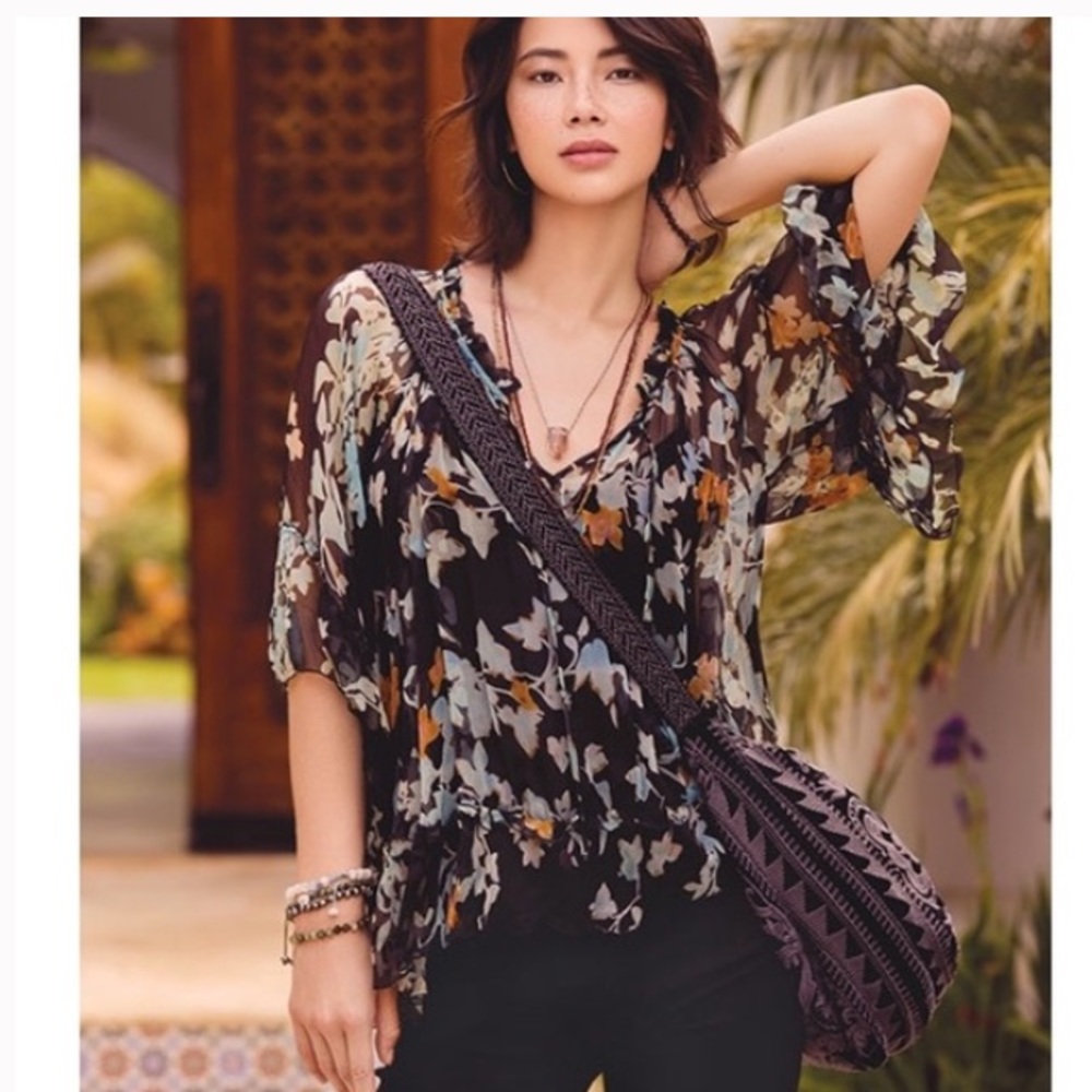 JOHNNY WAS  Lindsay Flowy Floral Shear Silk Top Black Teal NWT